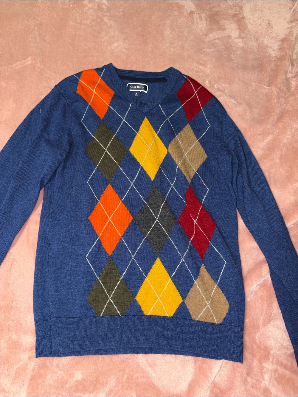 Club Room Blue Argyle Crewneck Sweater with Multicolor Diamonds